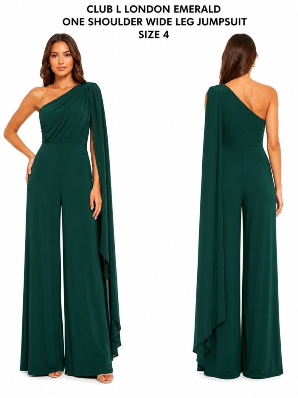 CLUB L LONDON EMERALD ONE SHOULDER WIDE LEG JUMPSUIT SIZE 4